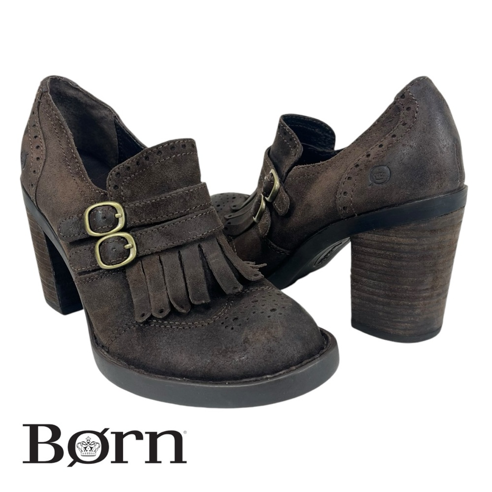 Born Women 6M Hazel Brown Suede Leather Buckles Fringe‎ Oxford Pumps Shoes